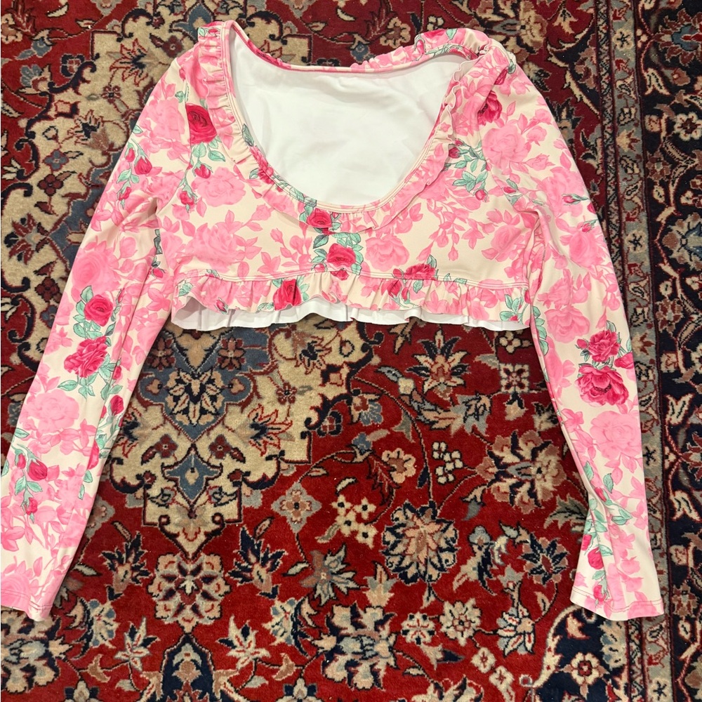 Love shack fancy Floral Pink Long Sleeve Crop Top